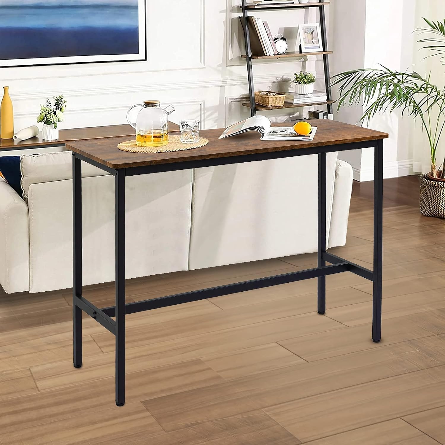 44.5" Bar Table, Pub Table with Adjustable Feet Floor Protector, Narrow Rectangular Kitchen Counter Bar Tables, Sofa High Top Tables with Black Metal Legs, Rustic Brown