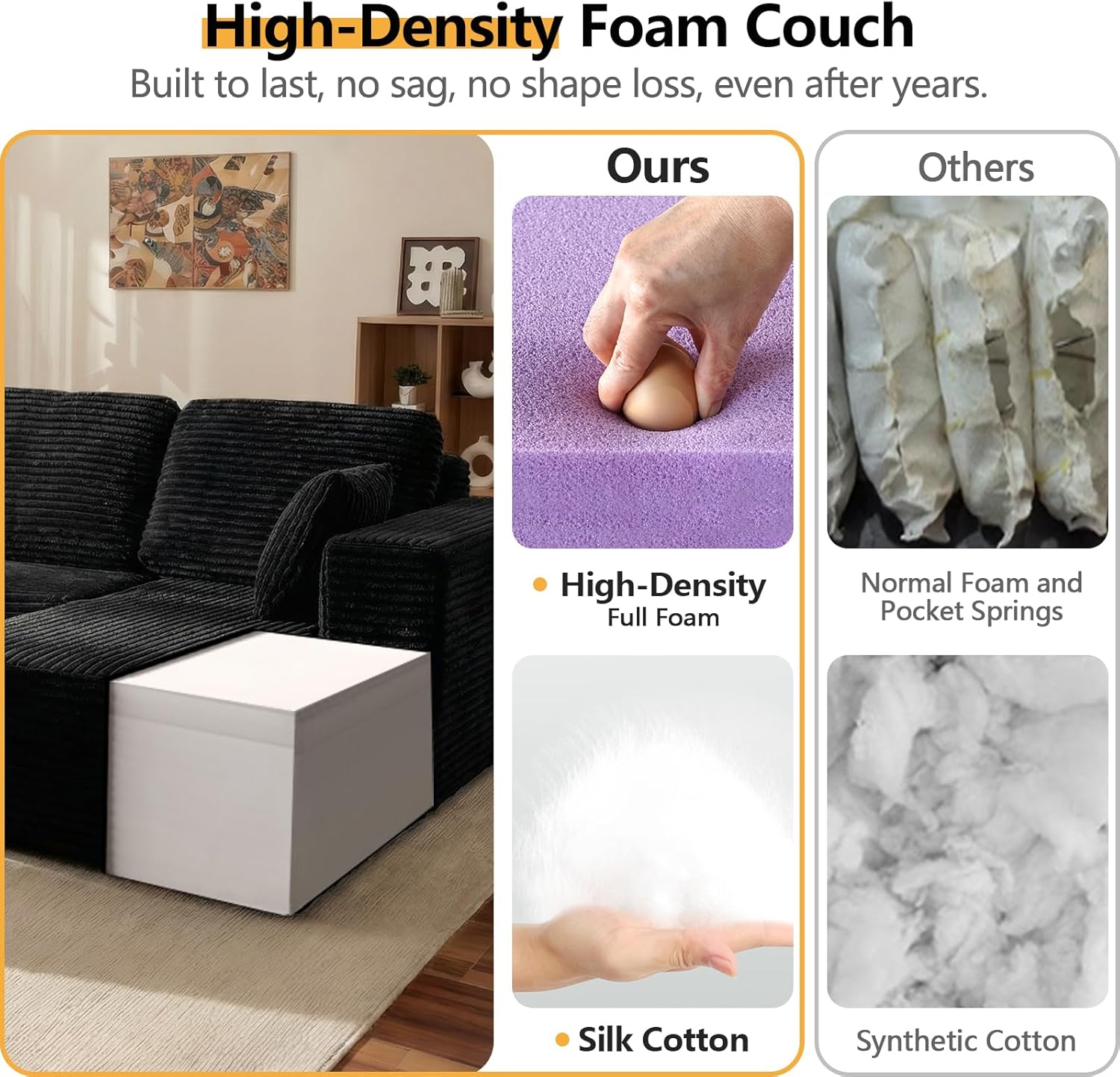 Modular Boneless L Shaped Sectional Couch, Cloud Style Sofa with Deep Seat Cushions, Sofa for Living Room and Apartment, Easy Assembly Couch in a Box (Black, 96" L Shape with Right Facing Chaise)
