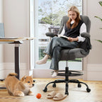 Drafting Chair Tall Office Chair for Standing Desk, Ergonomic Tall Desk Chair with Adjustable Foot Ring, Flip-Up Armrests, Lumbar Support, Comfortable Fabric Seat – Ideal for Home and Office Use