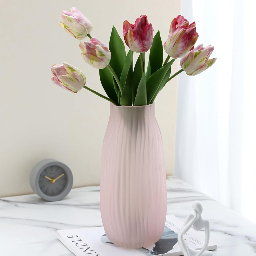 Large Ribbed Glass Vase 12in Frosted Pink Elegant Decorative Vases for Home Flowers Arrangements, Centerpieces, and Modern Décor