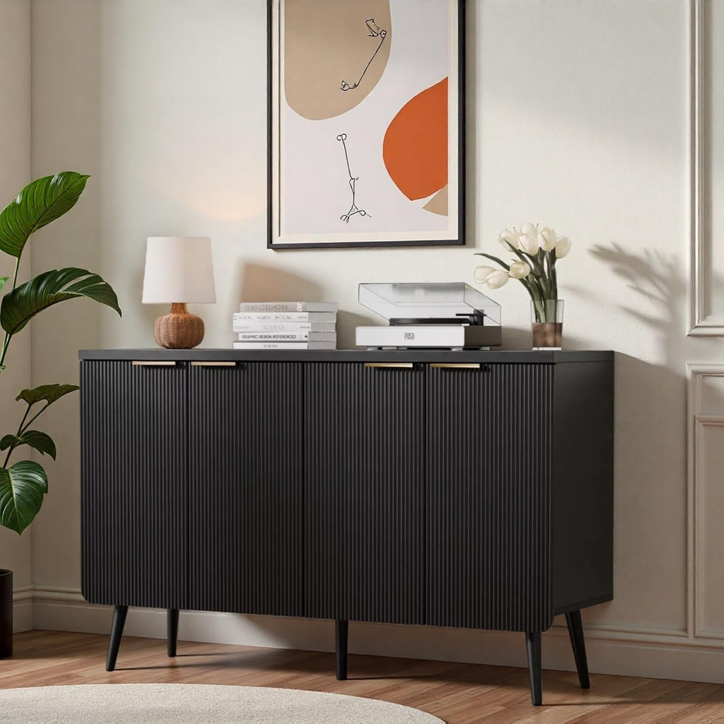 47.2" Modern Fluted Sideboard Cabinet with 4 Doors, Wood Storage Credenza with Shelves, Multi-Purpose Buffet Cabinet for Entryway, Dining & Living Room, Black