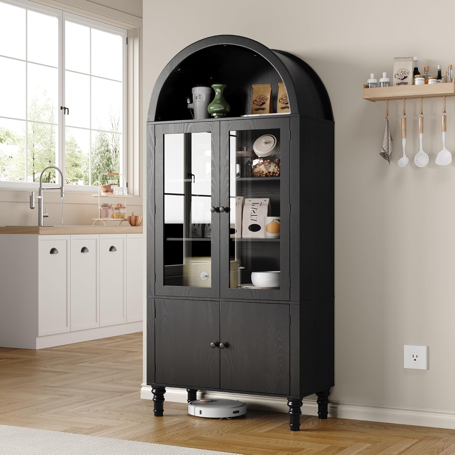 Furnify 71" Tall Arched Pantry Cabinet, Modern Kitchen Storage Cabinet with Doors, 3 Adjustable Shelves, Door Shelves, Organizer, Versatile Cupboard for Kitchen, Bathroom, Black