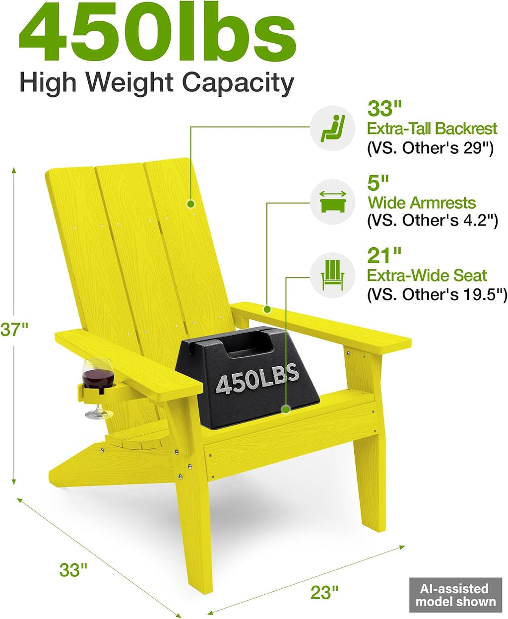 MXIMU Adirondack Chairs Set of 4 Outdoor: 450lb Capacity&33in Tall Backrest Oversized Modern Adirondack Chairs - Comfortable All-Weather Fire Pit Chair - Easy Assembly True Wood Grain Lawn Chair