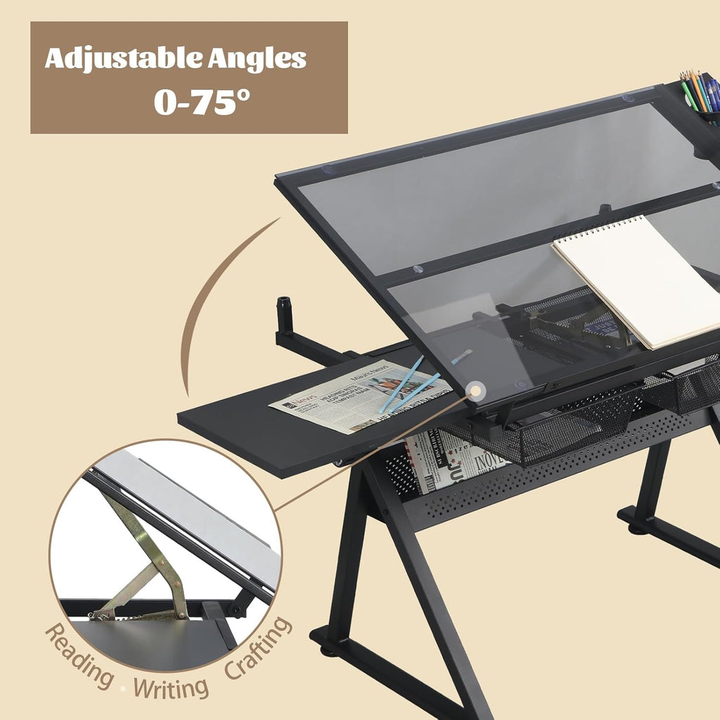 Black Drafting Table Desk w/Stool, Painting Table Art Craft Desk Crafting Table with Tilting Tempered Glass Top, 2 Storage Drawers, Height Adjustable
