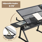 Black Drafting Table Desk w/Stool, Painting Table Art Craft Desk Crafting Table with Tilting Tempered Glass Top, 2 Storage Drawers, Height Adjustable