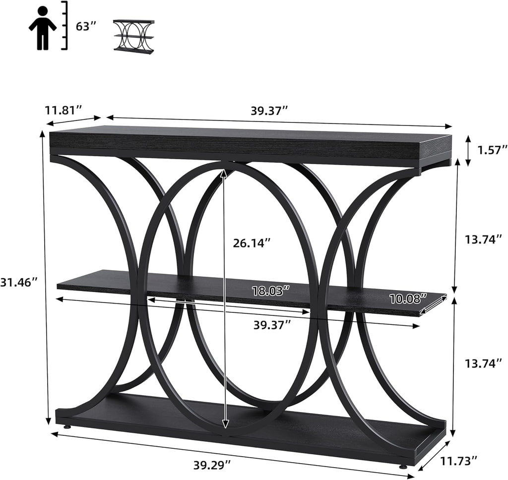 Garvee 39" Narrow Console Tables for Entryway, Industrial 3-Tier Sofa Table with Round Metal Base and Storage Shelves for Living Room, Hallway, Foyer, Black Wood Grain
