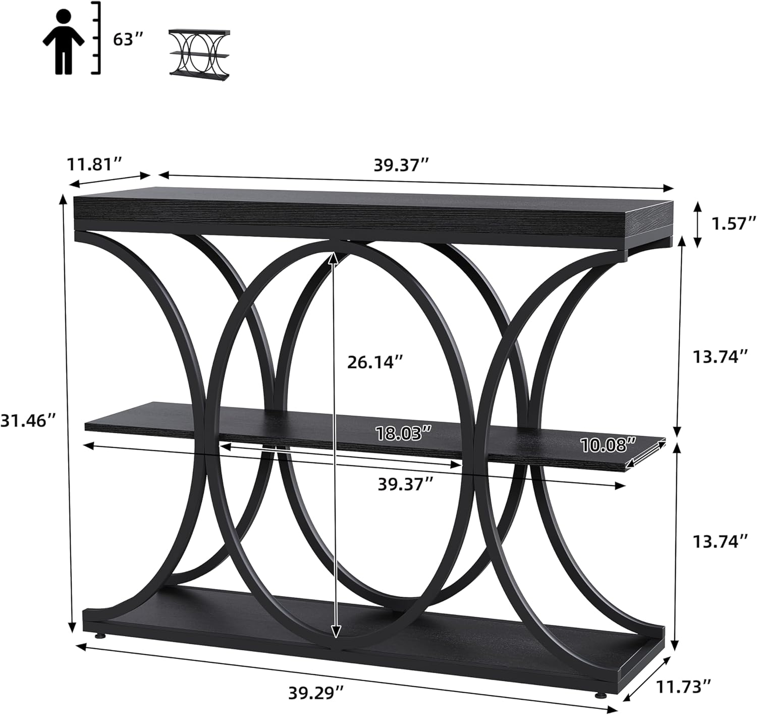 Garvee 39" Narrow Console Tables for Entryway, Industrial 3-Tier Sofa Table with Round Metal Base and Storage Shelves for Living Room, Hallway, Foyer, Black Wood Grain