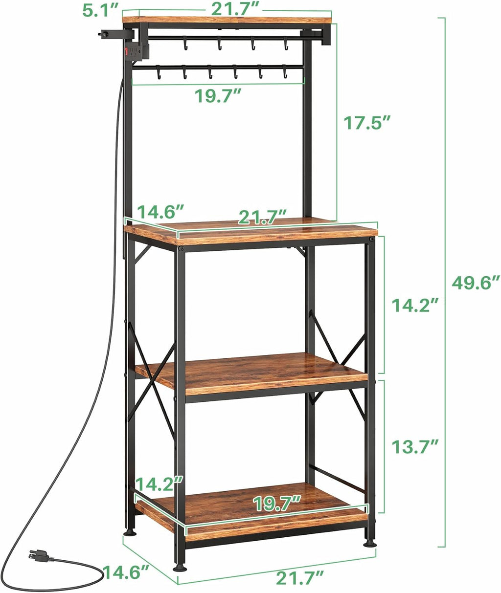 SNTD Bakers Rack with Power Outlet, Kitchen Shelves Microwave Stand with Wire Grid and 10 Hooks, 4 Tiers Coffee Stand (Rustic Brown, 21.7 x 14.2 x 49.6 Inches)