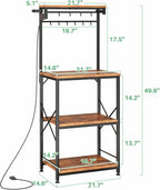 SNTD Bakers Rack with Power Outlet, Kitchen Shelves Microwave Stand with Wire Grid and 10 Hooks, 4 Tiers Coffee Stand (Rustic Brown, 21.7 x 14.2 x 49.6 Inches)
