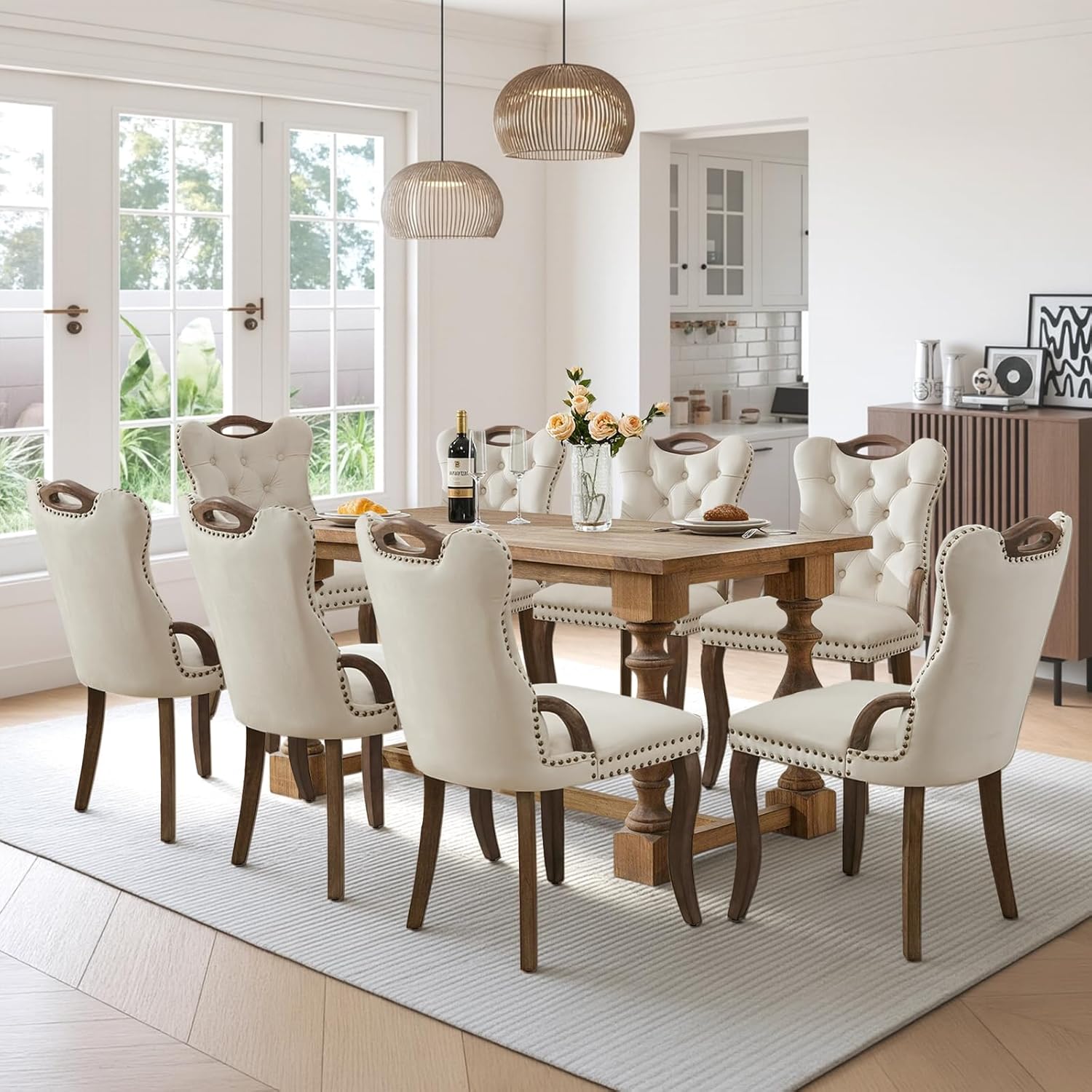 SoarFlash Velvet Dining Chair Set of 6, Solid Wood Handles, Upholstered Tufted Dining Room Chair with Nailhead Trim for Dining Room, Living Room, Office (Beige)