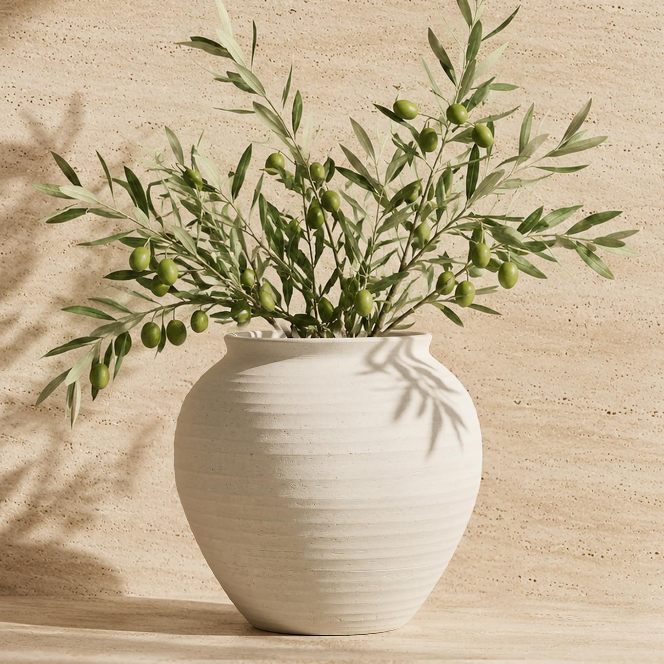 Ceramic Vase 6.7", Textured Ribbed Flower Vase for Pampas Grass, Cream Beige Wabi-Sabi Handmade Pottery Vase, Rustic Farmhouse Table Centerpiece for Entryway Shelf Nightstand Decor