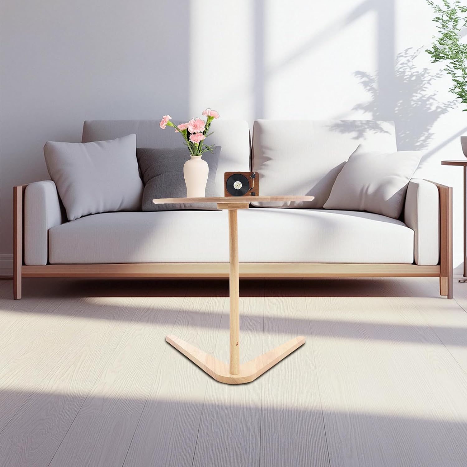 C Shaped End Table, Small Side Table, Wood Coffee Snack TV Tray Table with Metal Frame, Couch Side Table That Slides Under, Modern Sofa Tables with Round Tabletop for Sofa Couch Bed (Burlywood)