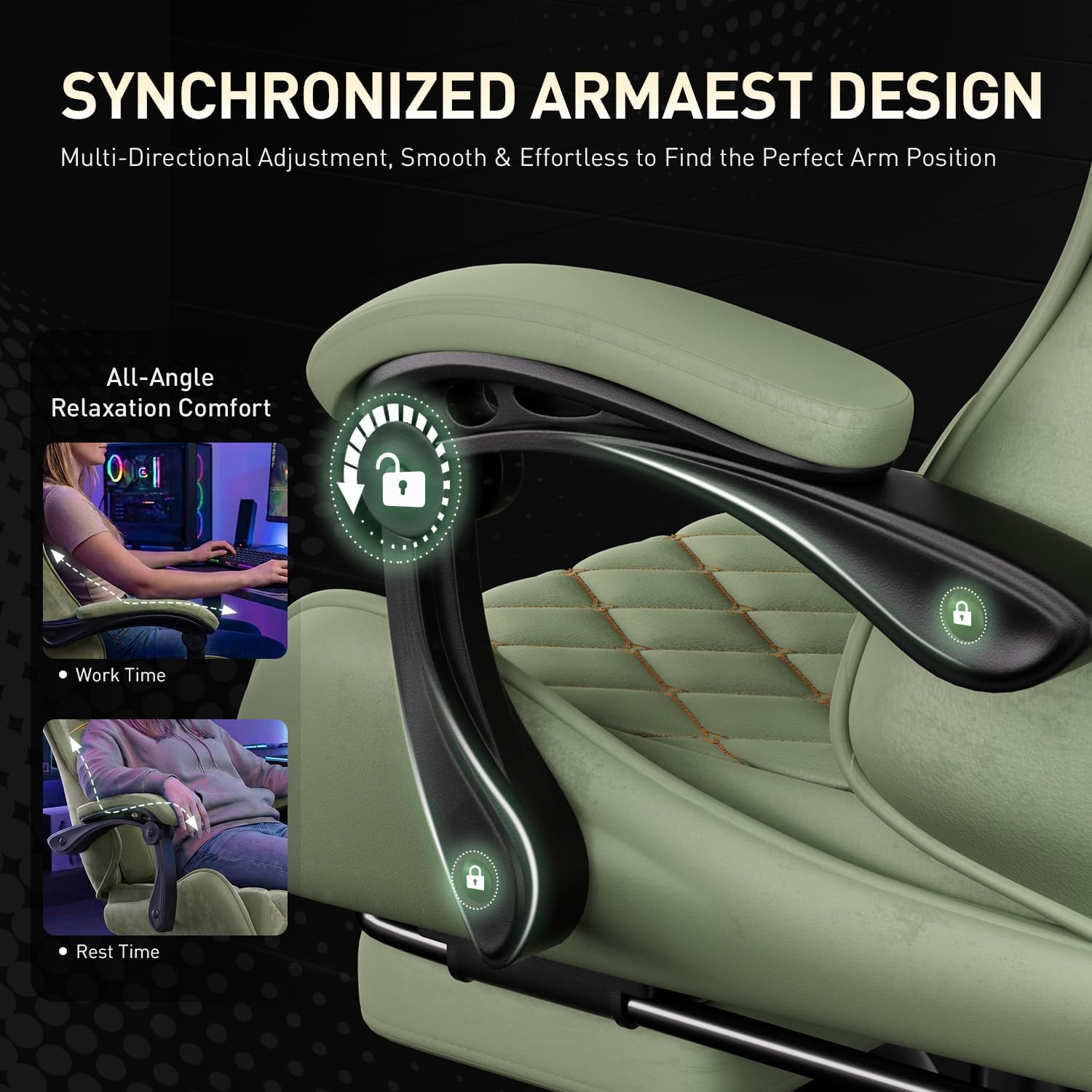 HLDIRECT Massage Recliner Gaming Chair with Footrest for Adults, Green | 300lbs Capacity, Ergonomic Office Computer Chair, Lumbar Support, Breathable Fabric, Headrest, 360° Swivel, Metal Frame