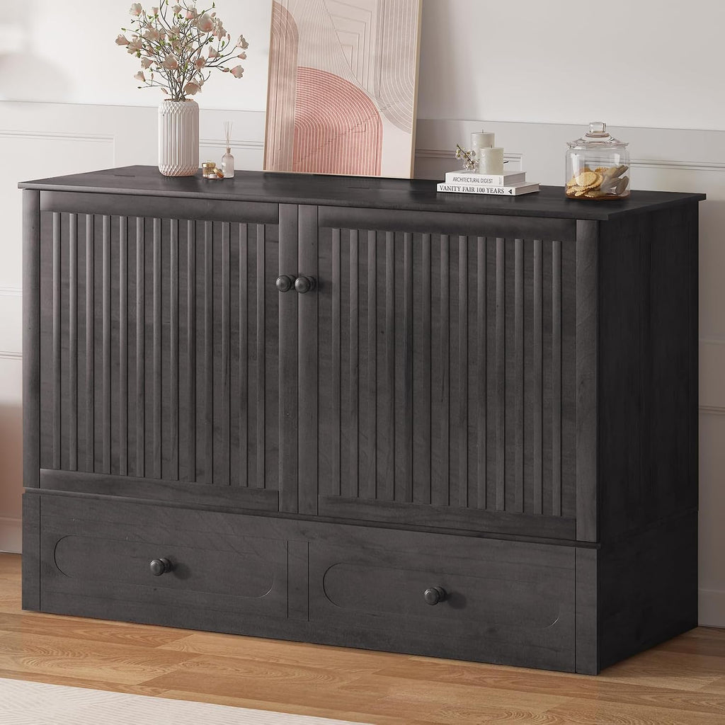BALUS Queen Murphy Bed with Tri-fold Mattress, USB Charging Station, Murphy Cabinet Bed with Storage Drawer, Space-Saving Hidden Cabinet Chest Beds for Guest Room Living Room, Dark Grey