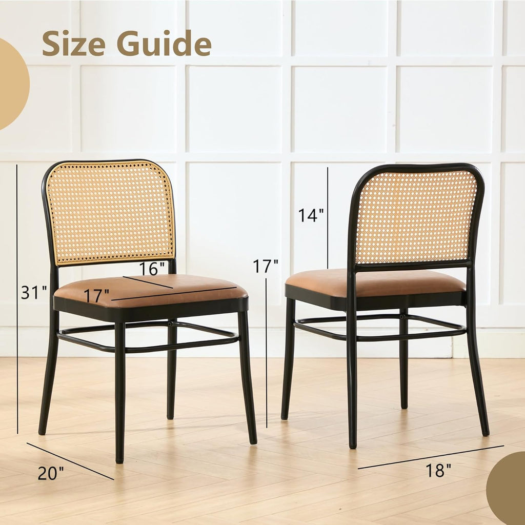 Rattan Dining Chairs Set of 6, Upholstered Faux Leather Dining Chairs with Cane Back, Mid Century Modern Kitchen & Dining Room Chairs, Boho Style, Brown