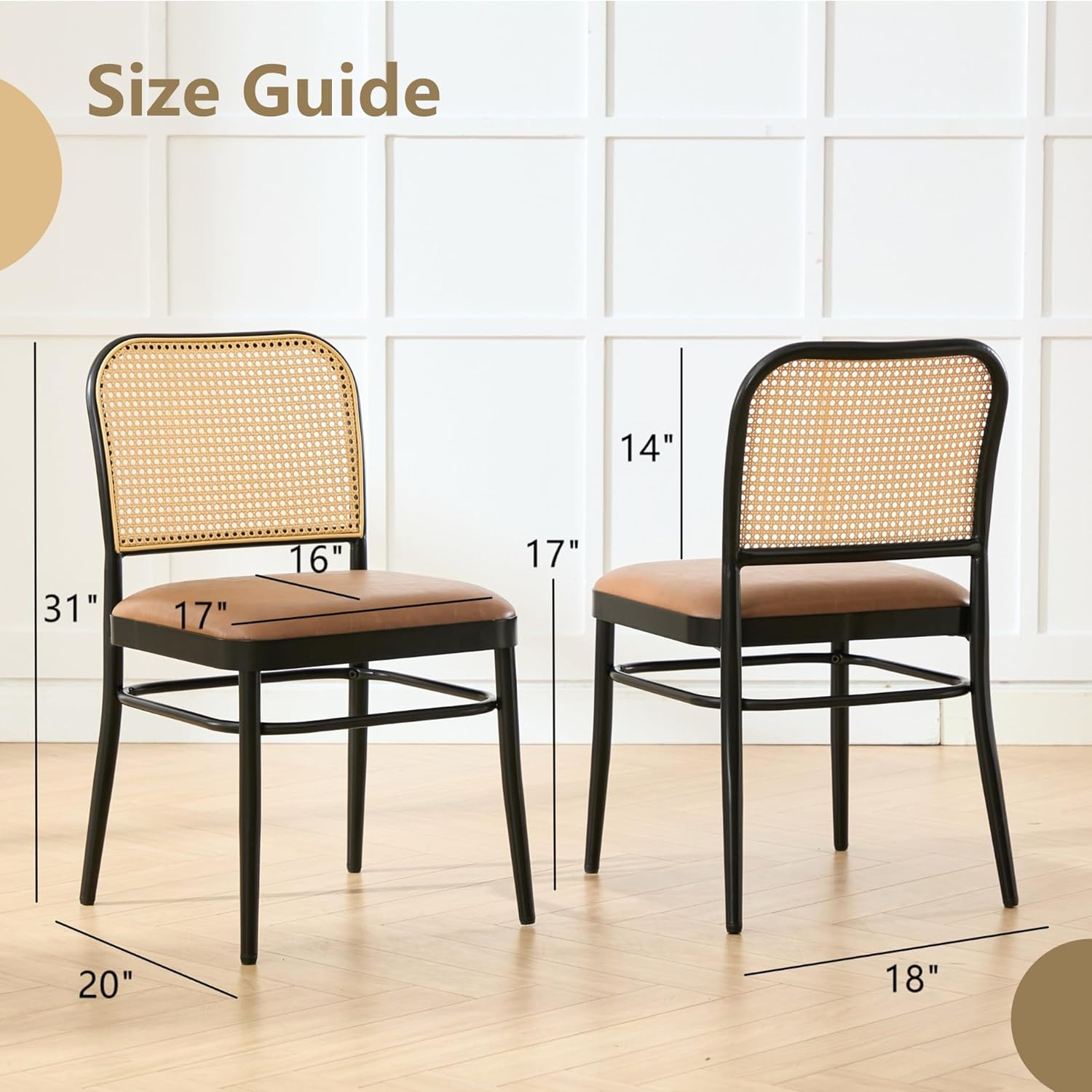 Rattan Dining Chairs Set of 6, Upholstered Faux Leather Dining Chairs with Cane Back, Mid Century Modern Kitchen & Dining Room Chairs, Boho Style, Brown