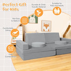 Costzon Kids Play Couch Sofa, Large Modular Folding Sofa Building Fort Playset with Handle, Machine-Washable Cover, Convertible Foam Cushion for Playroom Bedroom Boys Girls Gifts (10-Piece, Gray)
