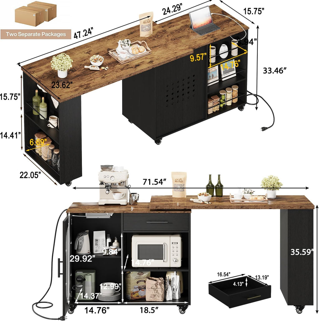 HSH 71” Rolling Kitchen Island with Storage Seating on Wheels, Rustic Brown | Mobile Island Cart With 360° Swivel Tabletop, With Power Outlet, Storage Cabinet, Open Adjustable Shelves Fit In Microwave