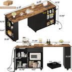 HSH 71” Rolling Kitchen Island with Storage Seating on Wheels, Rustic Brown | Mobile Island Cart With 360° Swivel Tabletop, With Power Outlet, Storage Cabinet, Open Adjustable Shelves Fit In Microwave