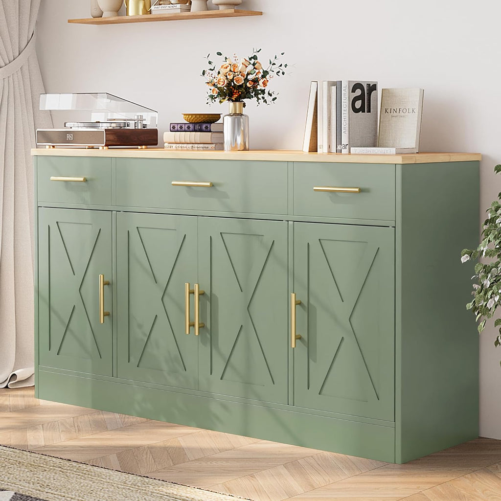 Shintenchi Buffet Cabinet with Storage,53.4" Large Kitchen Storage Cabinet with 3 Drawers and 4 Doors,Wood Farmhouse Buffet Sideboard with Adjustable Shelf for Kitchen Living Room, Green