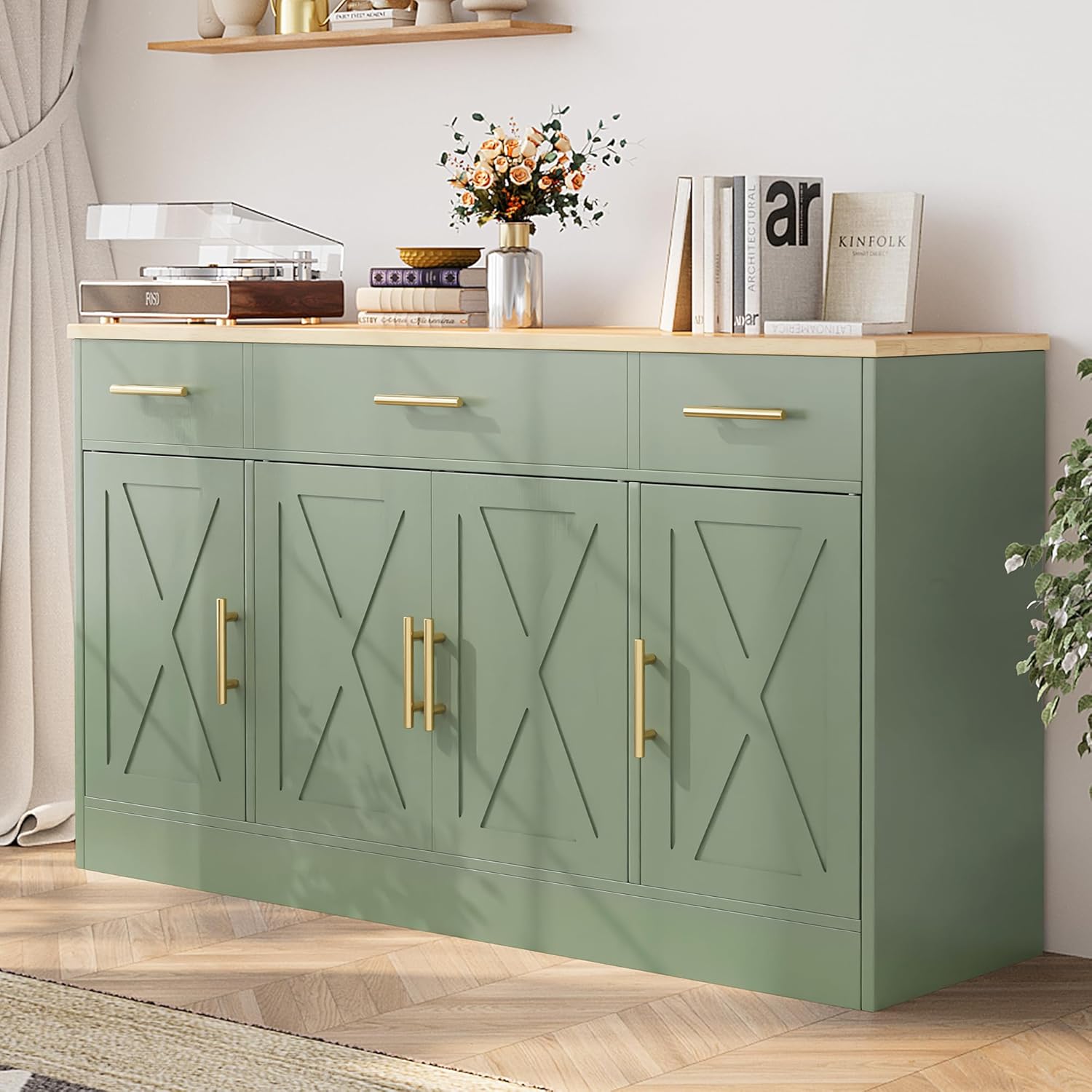 Shintenchi Buffet Cabinet with Storage,53.4" Large Kitchen Storage Cabinet with 3 Drawers and 4 Doors,Wood Farmhouse Buffet Sideboard with Adjustable Shelf for Kitchen Living Room, Green