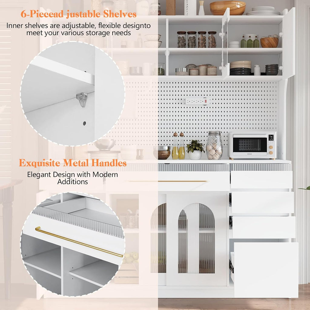 75" Pantry Cabinet, Wooden Cupboard with Power Outlet and 6 Storage Drawers, Large Kitchen Hutch Cabinet W/Countertop and Adjustable Shelves for Home Dining, 5 Cabinets/Pegboard/Towel Rack (White)