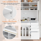 75" Pantry Cabinet, Wooden Cupboard with Power Outlet and 6 Storage Drawers, Large Kitchen Hutch Cabinet W/Countertop and Adjustable Shelves for Home Dining, 5 Cabinets/Pegboard/Towel Rack (White)