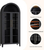 Garvee Arched Cabinet with Glass Doors, 5-Tier Kitchen Pantry Cabinet with Adjustable Shelves, Farmhouse Display Storage Cabinet for Dining Room, Living Room, Black