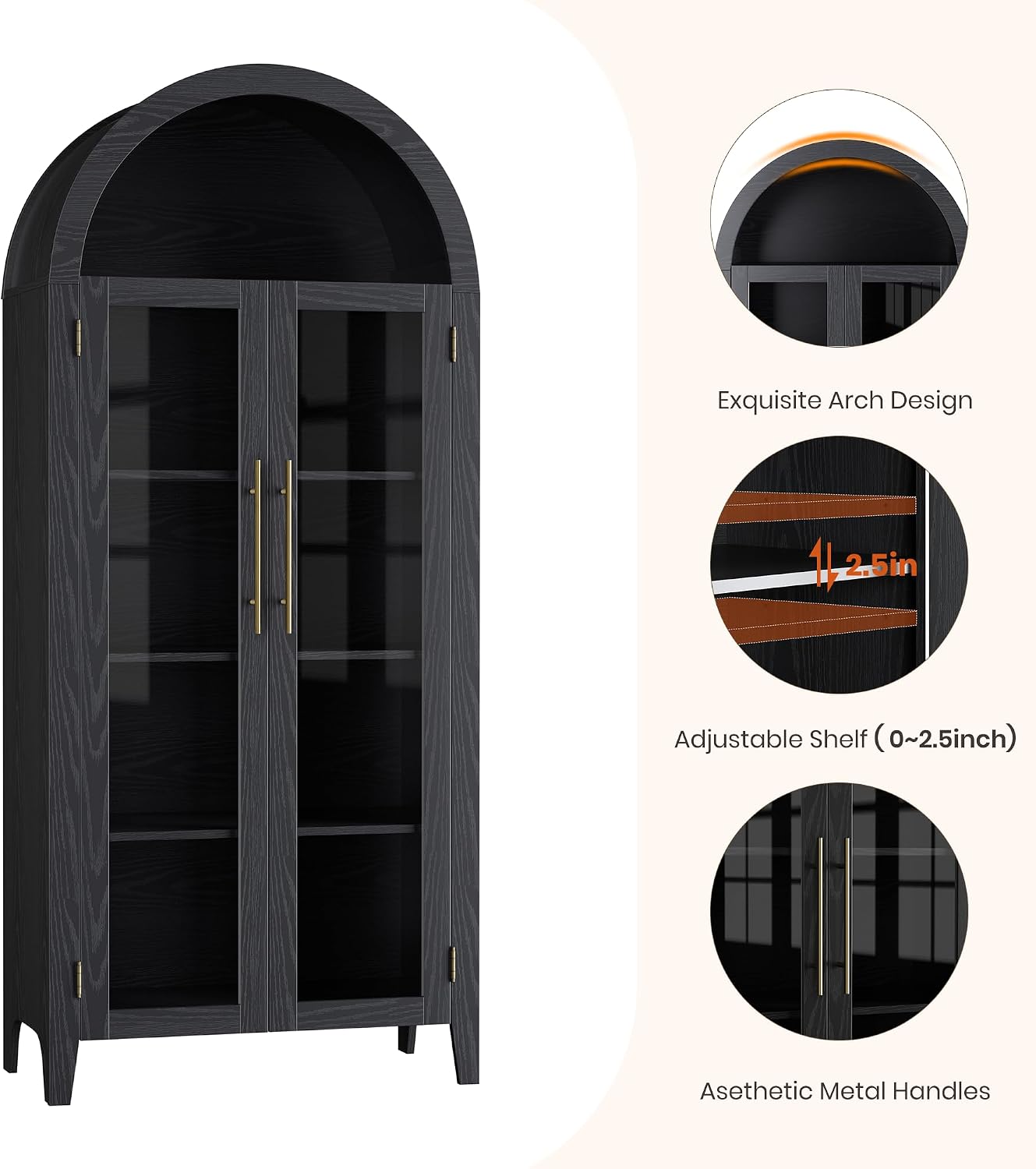 Garvee Arched Cabinet with Glass Doors, 5-Tier Kitchen Pantry Cabinet with Adjustable Shelves, Farmhouse Display Storage Cabinet for Dining Room, Living Room, Black