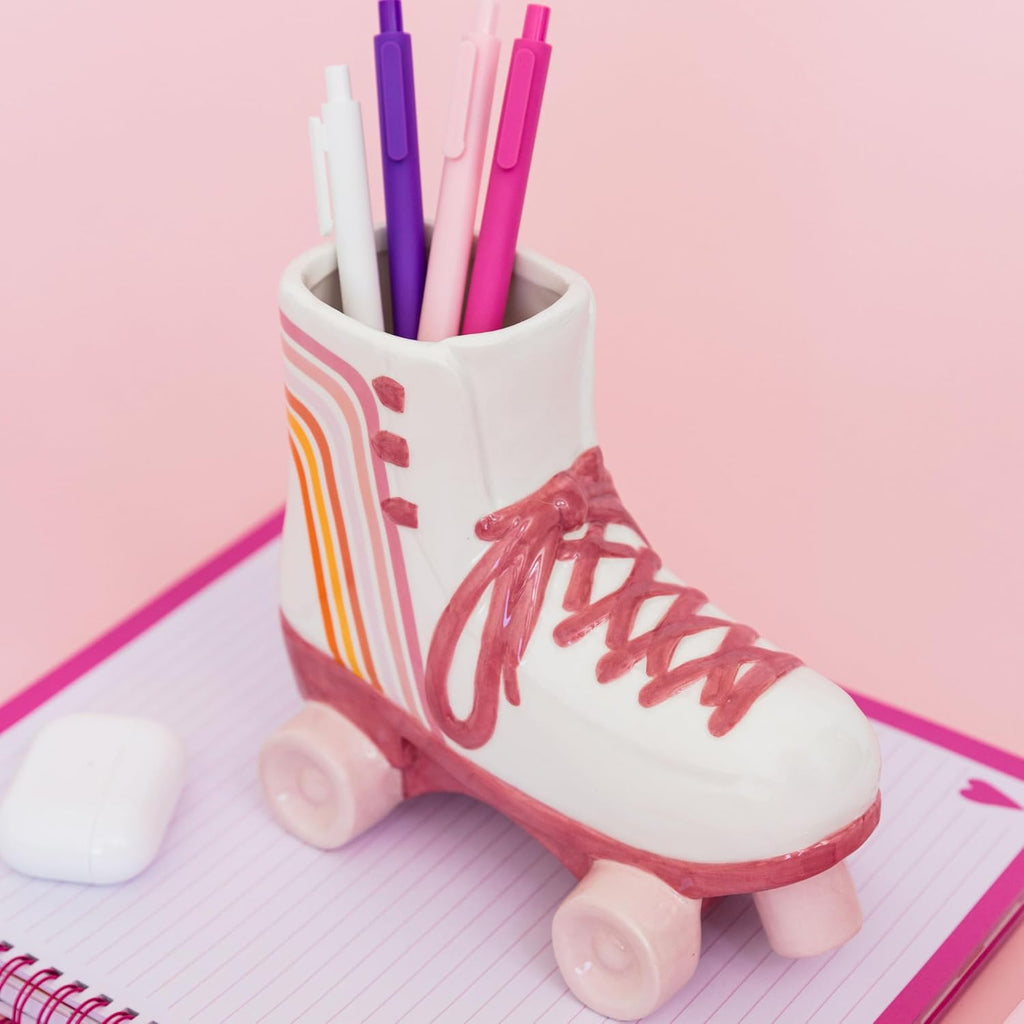 Steel Mill & Co Ceramic Roller Skate Vase, Cute Retro Flower Vase and Office Supplies, Pen and Pencil Holder, Vintage Decor for Home or Office, Small Round Container and Desk Organizer