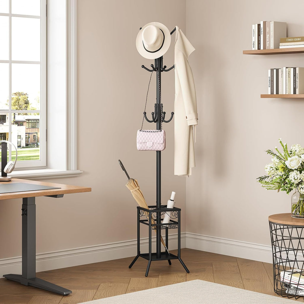 ELYKEN Coat Rack Freestanding, Metal Coat Rack with Umbrella Holder | 12 Hooks, Square Base, Heavy Duty Floor Standing Coat Tree for Entryway, Hallway, Living Room, Bedroom, Office, Black