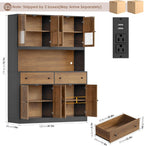 FINETONES 71" Pantry Cabinet with LED Light and Charging Station, Farmhouse Kitchen Pantry Cabinet with Microwave Stand, 47.2" Wide Kitchen Hutch Food Pantry with Open Countertop, Black/Brown