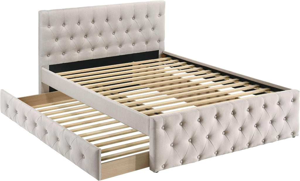 Contemporary Full Size Bed w, Trundle Slats Light Brown Burlap Upholstered Tufted Headboard Footboard Youth Bedroom Furniture Wooden Slats 1pc Bed