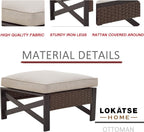 LOKATSE HOME Outdoor Wicker Ottoman with Cushion Patio Bistro All Weather Rattan Furnitur Footrest Seat Steel X-Leg, Brown