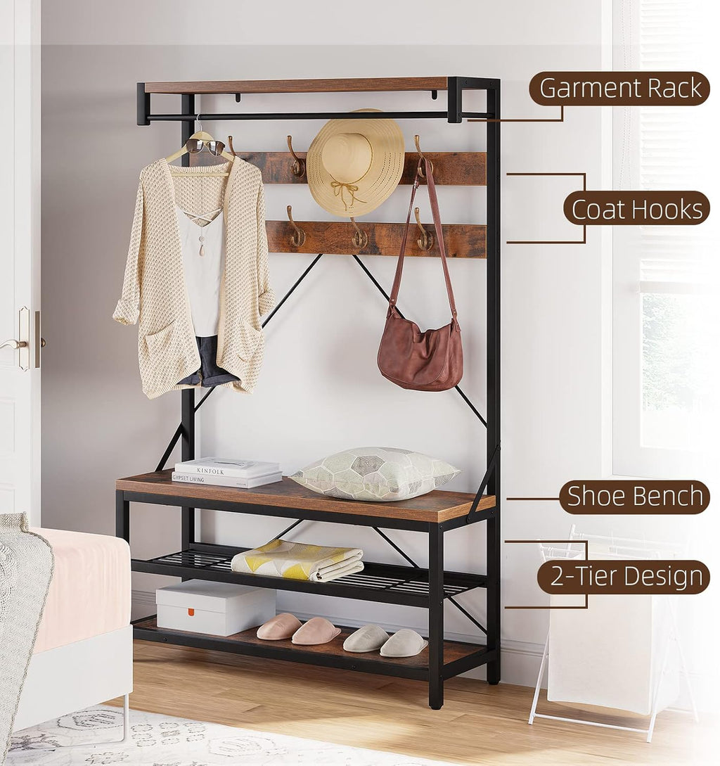 Amyove Large Coat Rack Shoe Bench Hall Tree Shoe Rack for Entryway 3-Tier Storage Shelf and Hooks Removable Industrial Accent Furniture Metal Frame 39.9"x15.7"x72"