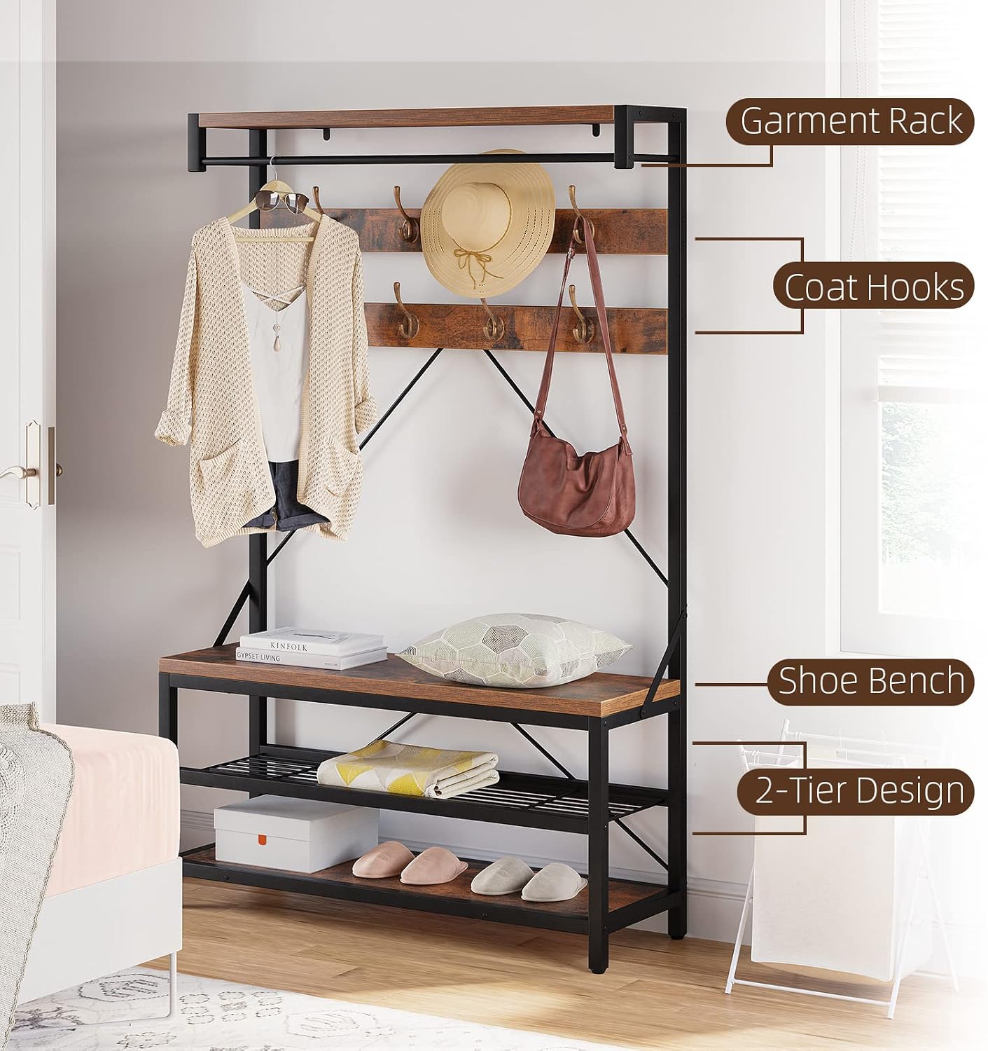 Amyove Large Coat Rack Shoe Bench Hall Tree Shoe Rack for Entryway 3-Tier Storage Shelf and Hooks Removable Industrial Accent Furniture Metal Frame 39.9"x15.7"x72"