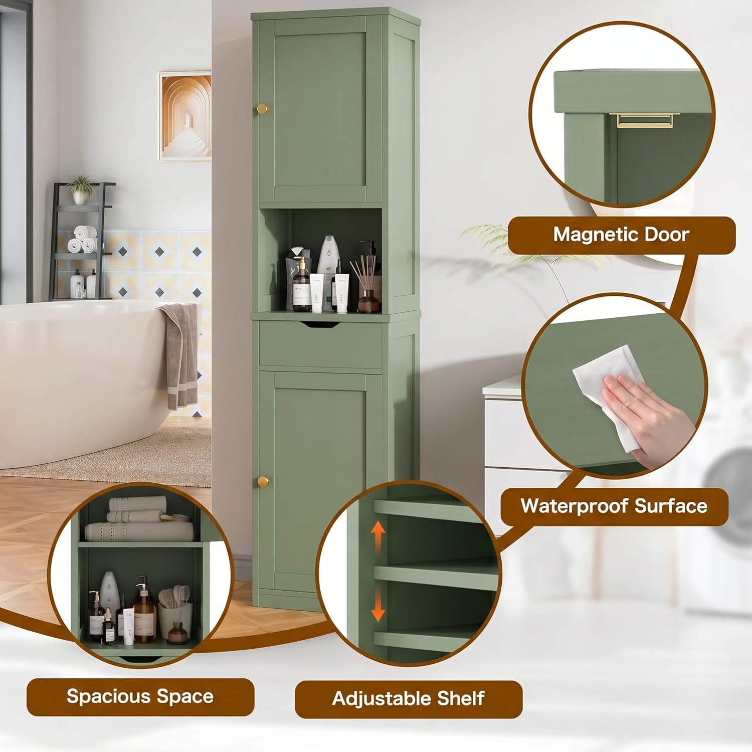 Walsunny Tall Bathroom Storage Cabinet with Freestanding Adjustable Shelves, Narrow Storage Linen Cabinet with 2 Doors and 1 Drawer for Bathroom, Living Room, Kitchen, Green