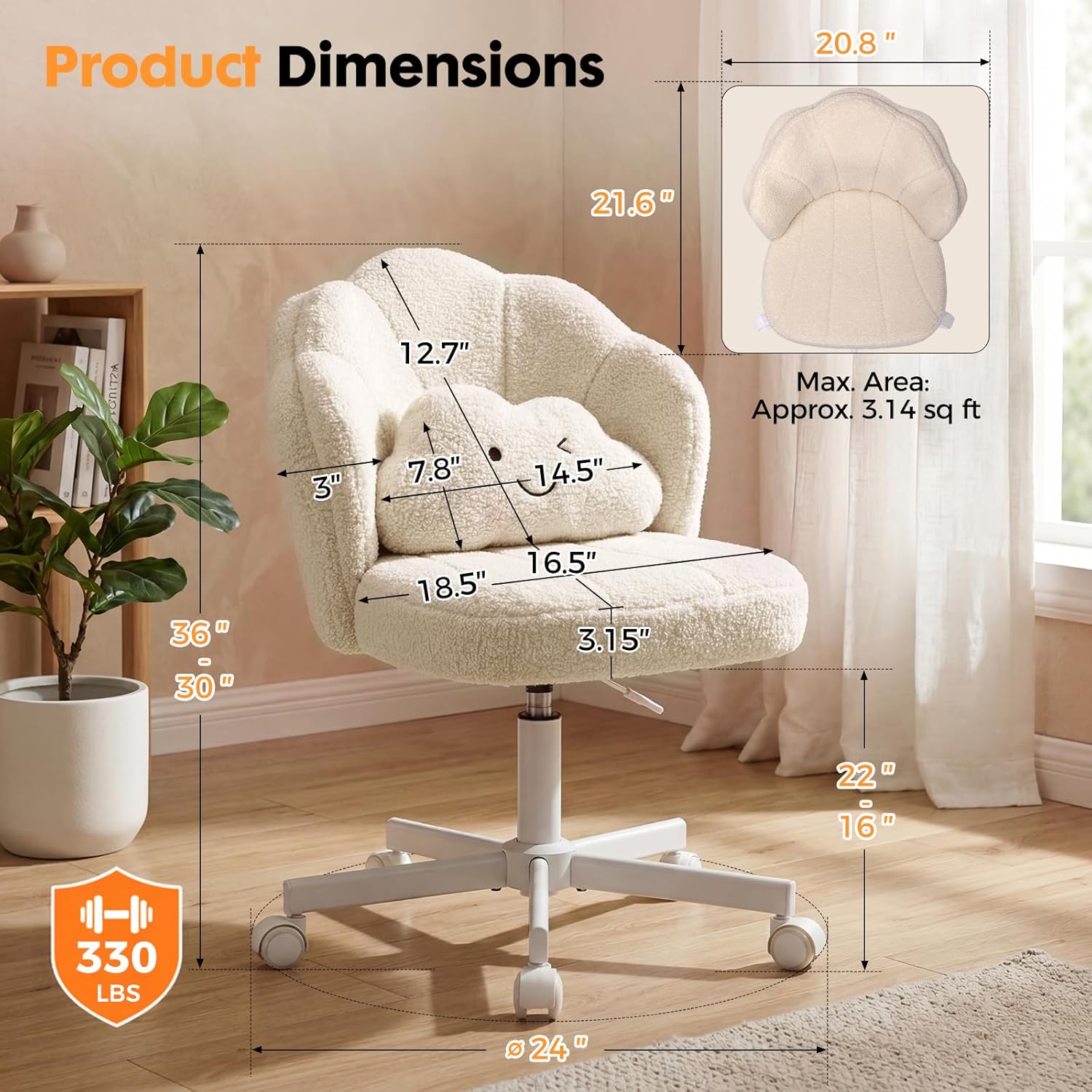 COMHOMA Petal Vanity Chair with Wheels, Cute Desk Chair for Girls Women, Upholstered Home Office Chair with Backrest, Height Adjustable Armless Swivel Chair for Bedroom, Teddy Fleece, Beige