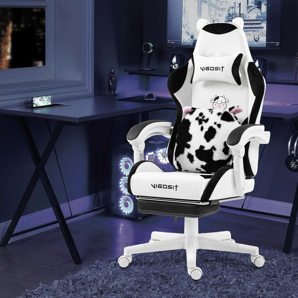 Vigosit Black and White Cow Gaming Chair with Footrest, Ergonomic Cute Gamer Chair for Girls, Comfortable Computer Desk Chair for Adults Teens