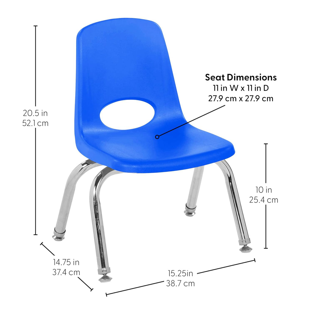 FDP 10" School Stack Chair, Stacking Student Seat with Chromed Steel Legs and Nylon Swivel Glides for in-Home Learning or Classroom - Blue (4-Pack), 13227-BL