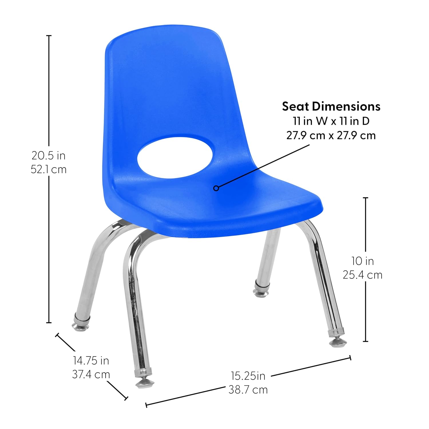 FDP 10" School Stack Chair, Stacking Student Seat with Chromed Steel Legs and Nylon Swivel Glides for in-Home Learning or Classroom - Blue (4-Pack), 13227-BL