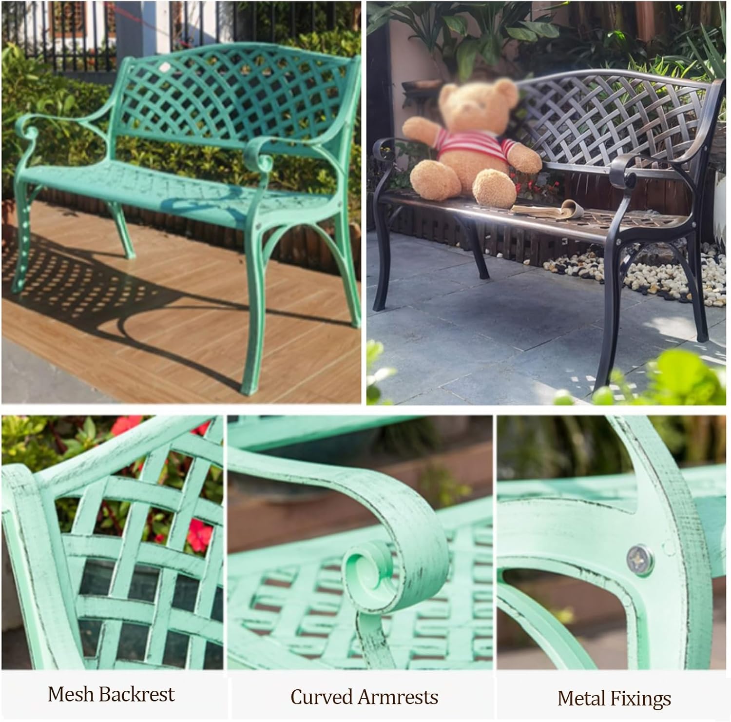 Vintage Distressed Outdoor Park Bench w/Woven Mesh Backrest, Heavy-Duty Metal Loveseat Chair with Curved Armrests, Slatted Seat, Perfect for Yard, Lawn, Balcony, Backyard(Green)