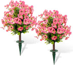 Outdoor Artificial Simulated Trees 2-Piece Set, UV-Resistant Simulated Boxwood Fake Shrubs with Ground Stakes for Outdoor Porch & Garden Decoration (Pink)