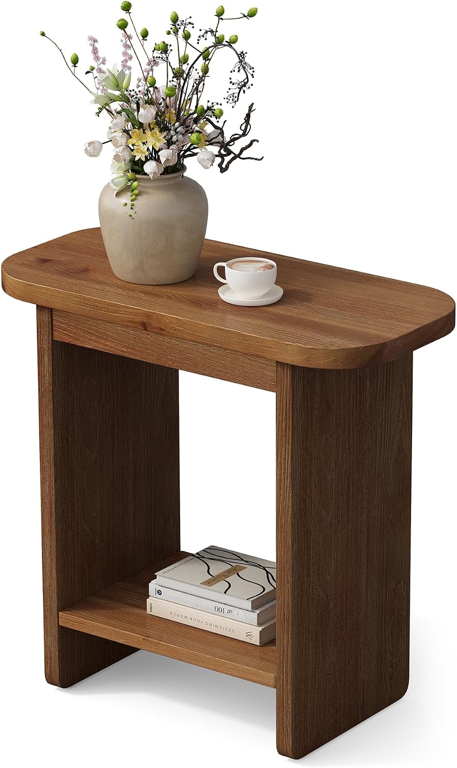 Genuine Solid Wood Side Table Set of 2, H-Shaped 2-Tier End Table with Storage Shelf, Farmhouse Narrow Nightstand for Living Room, Bedroom, Couch & Armchair (2 Products)