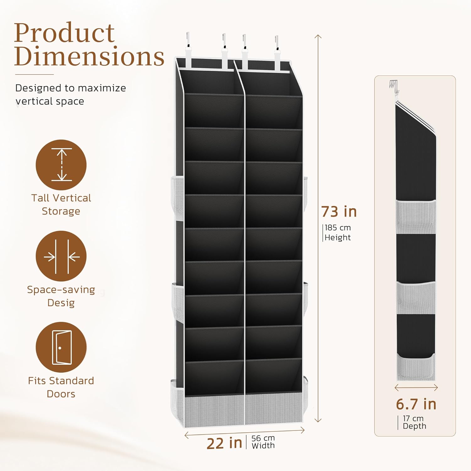 Criusia Over the Door Shoe Organizer, 20-30 Pairs Heavy-Duty Hanging Shoe Storage with Large Pockets, 10-Tier Door Shoe Rack with 4 Hooks for Sneakers Sandals Heels Boots (Black)