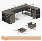 78" Executive Desk with Lockable File Cabinet, L Shaped Office Desk with Power Outlets, Large Executive Desk with Drawers and Storage Shelves , Reversible Computer Desk with Privacy Screen, Grey