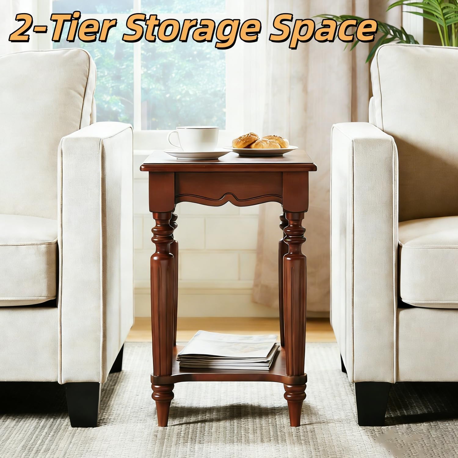 YUNMUAIR-2-Tier Side Table,Vintage Rectangle Sofa Side Tables,Mid Century Accent Bedside Tables with Shelf,Solid Wood End Table for Living Room Bedroom