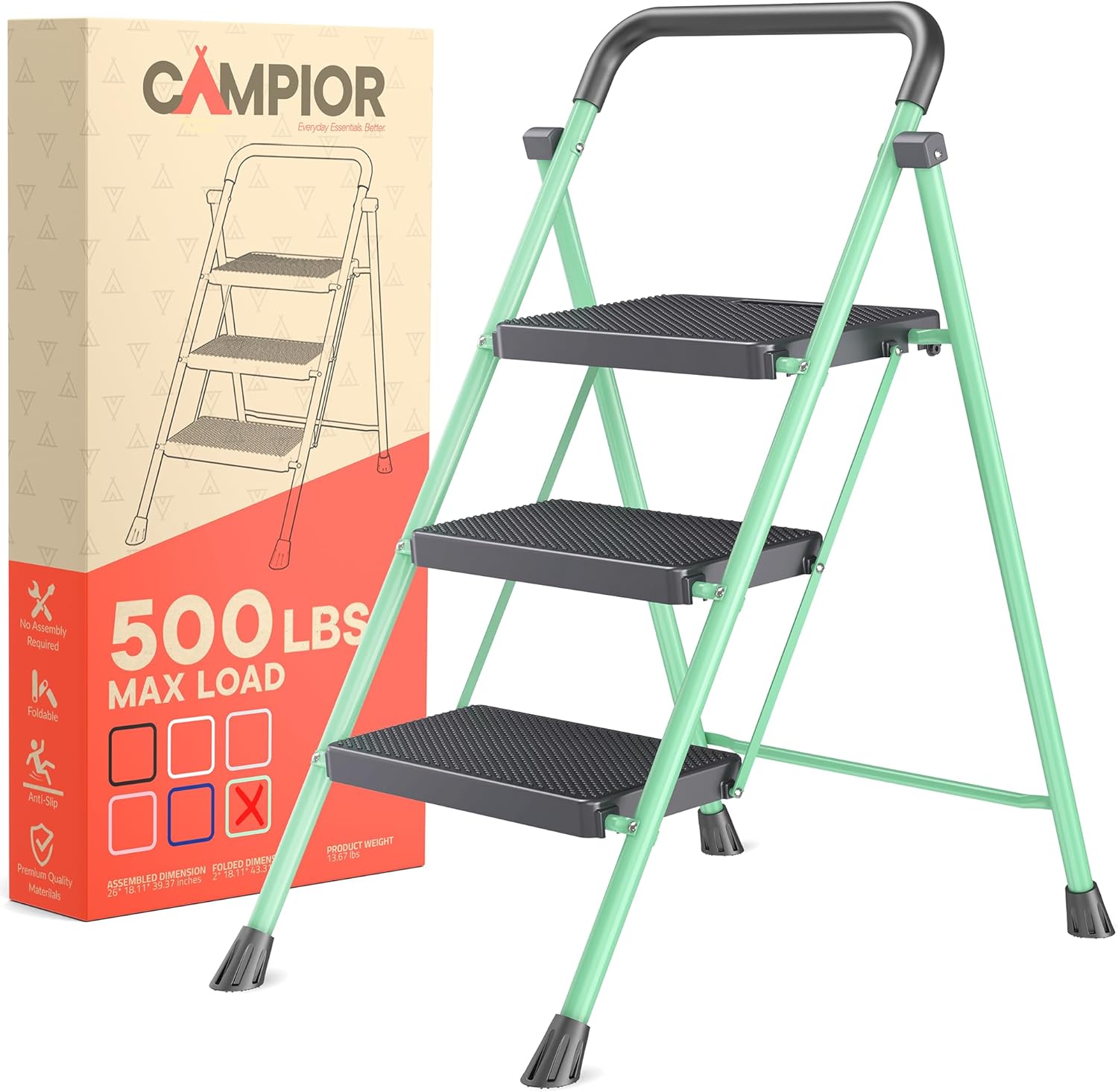 Green 3 Step Stool Foldable – Heavy-Duty Foldable Step Stool for Adults, 500 lbs Capacity, Anti-Slip Feet & Wide Steps, Sturdy Steel Frame, Lightweight & Space-Saving Design for Home, Kitchen & Garage