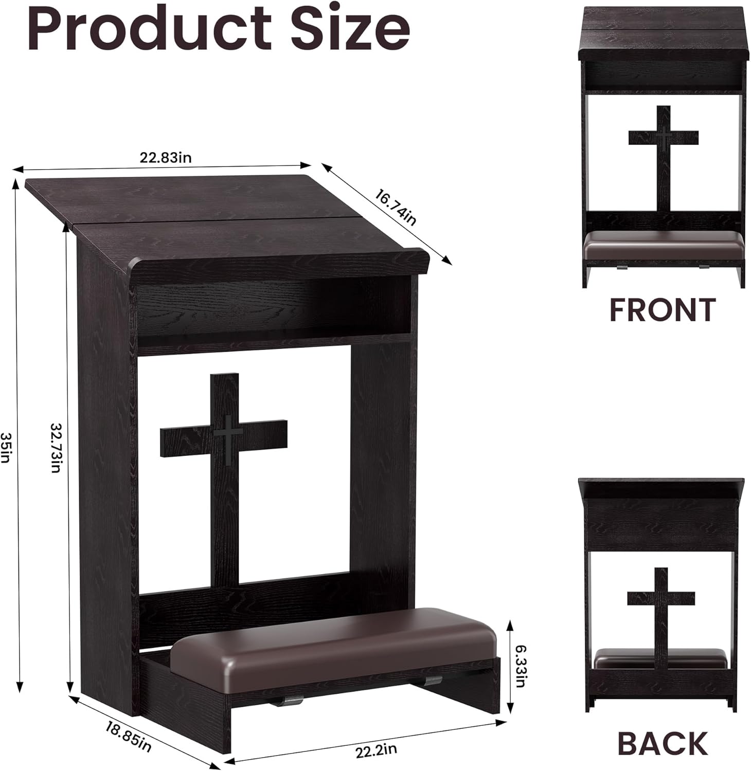 Foldable Prayer Kneeler, Wooden Prayer Bench with Storage Shelf, Cushion Pad, Rounded Corner Bookend and Customizable Cross Decoration, Reinforced Steel Tube Base Design (Dark Brown)