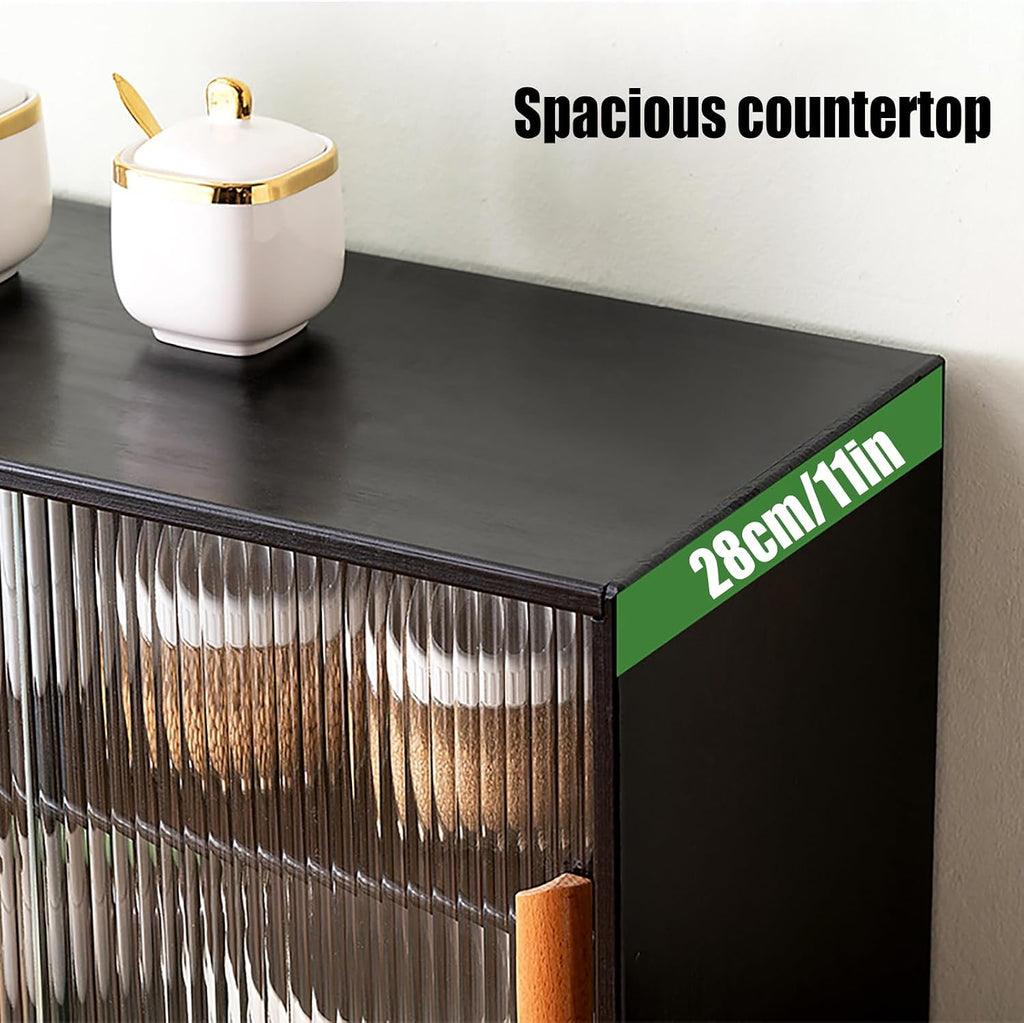 3 Tier Kitchen Pantry Storage Cabinet with with 2 Sliding Striped Glass Doors Console Dining Cupboard Modern Freestanding Bamboo Sideboard for Dining Room Kitchen Black (21.6x11x18.1inch)